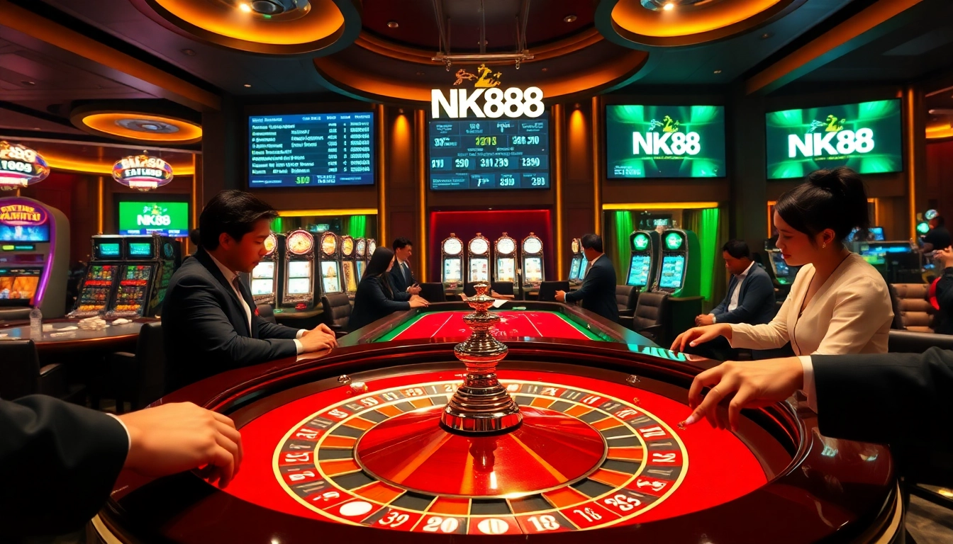 Exciting casino gameplay with players at the NK88 roulette table and vibrant atmosphere.