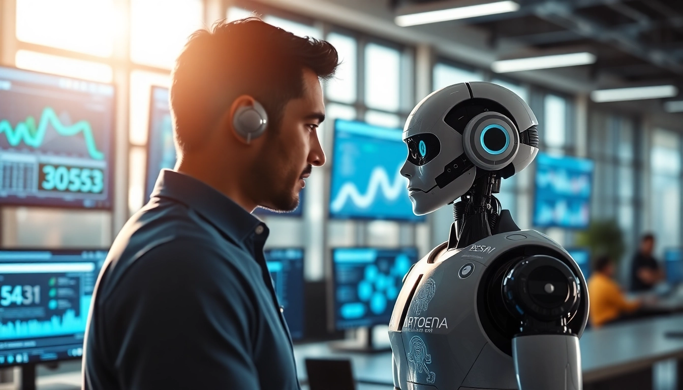 Rozwój sztucznej inteligencji w nowoczesnym biurze z interakcją człowieka i AI.