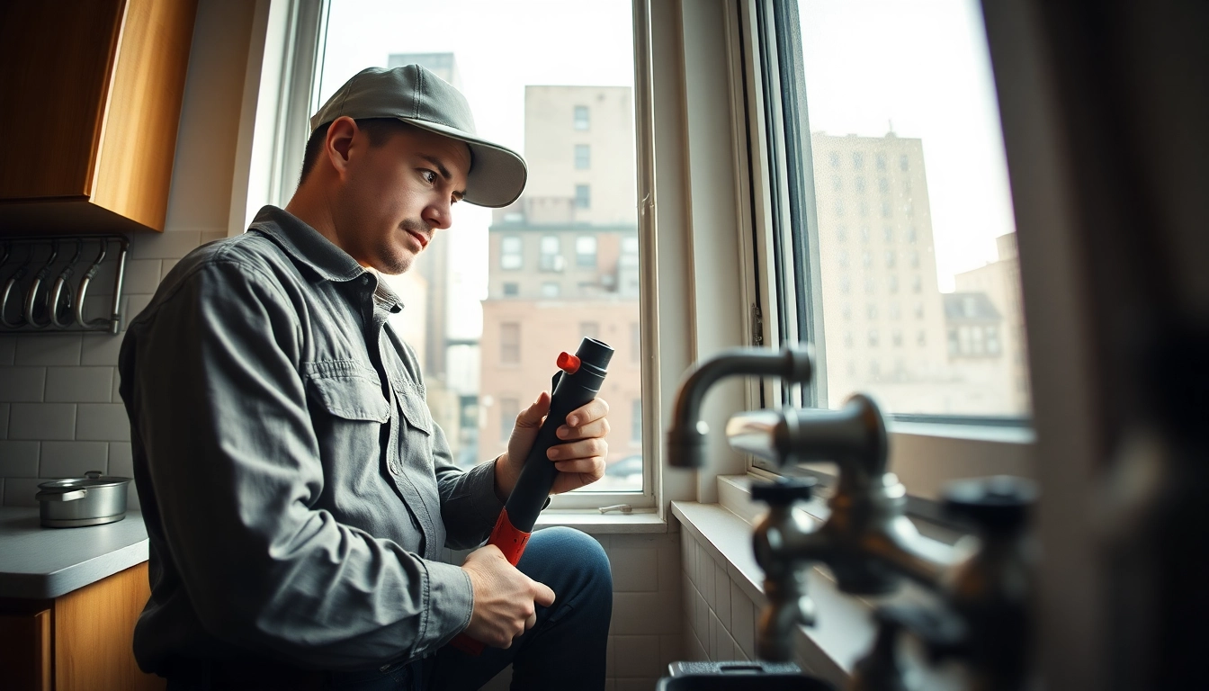 24 hour plumber nyc fixing a burst pipe in a residential kitchen, showcasing professionalism and urgency.