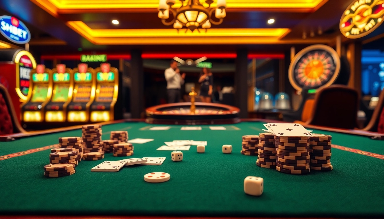 Engaging gamblers at SHBET casino table with vibrant poker chips and cards.