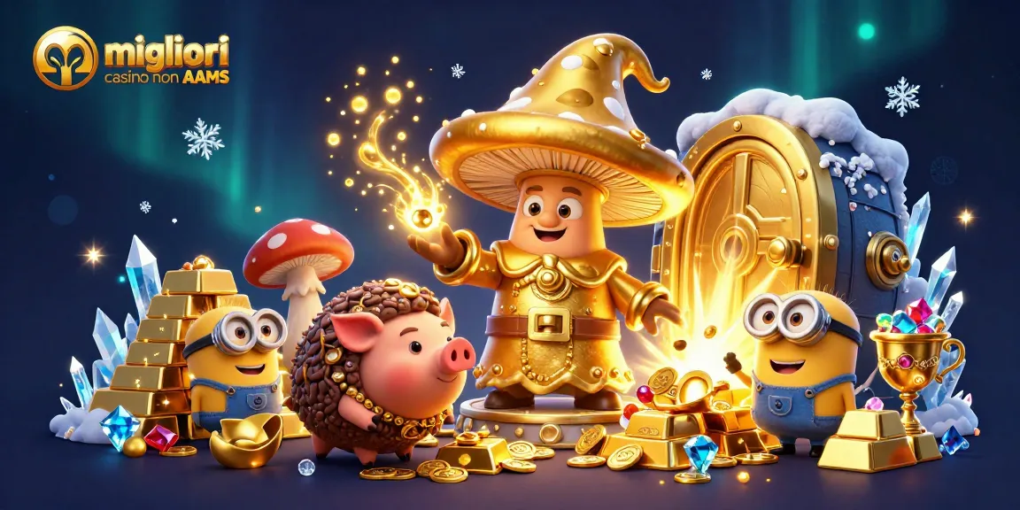 Migliori casino non AAMS: esplora l'illustrazione 3D di un mago fungo d'oro con tesori scintillanti