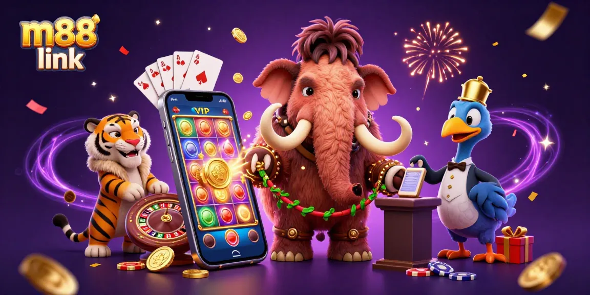 Interact with m88 link at the lively casino door featuring engaging characters and vibrant game elements.