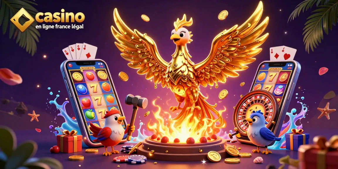Découvrez le casino en ligne légal en France avec des symboles de machine à sous et un phénix doré dans une scène dynamique.