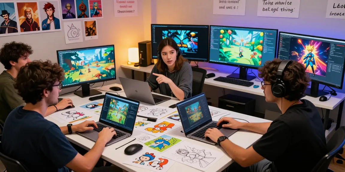 Engaging scene of developers creating hentaigames in a vibrant studio.