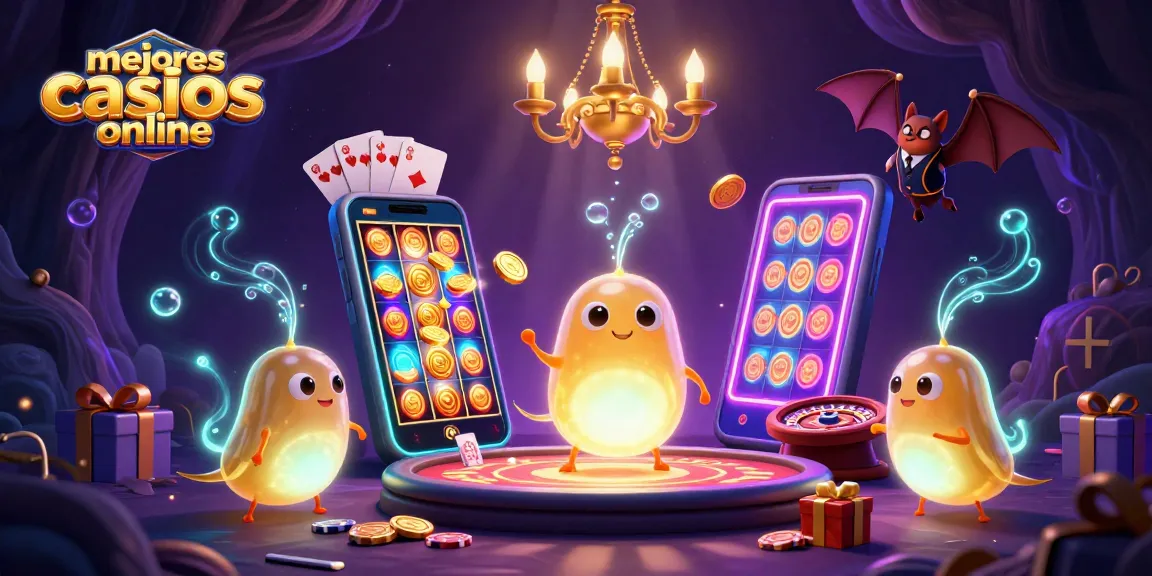 Ilustración vibrante de los mejores casinos online, con un equipo de luciérnagas iluminando un casino bajo una cueva.