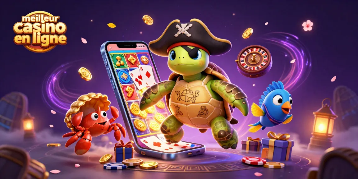 Jouez dans le meilleur casino en ligne avec une tortue pirate et des trésors flottants.