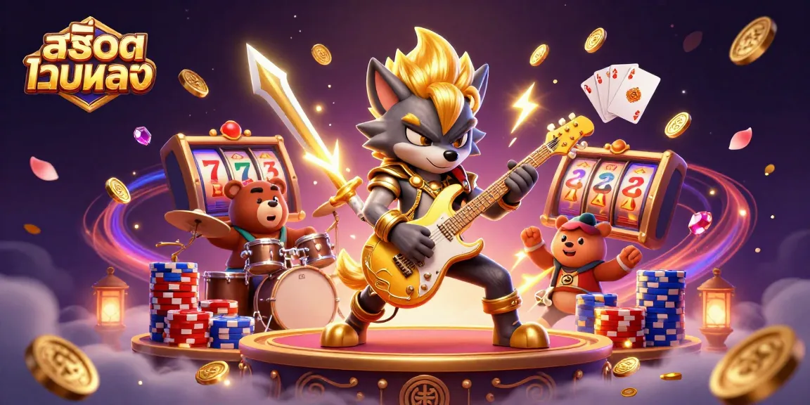 Experience thrilling สล็อตเว็บตรง action with a dynamic scene featuring a rock star wolf and a drummer bear amidst dazzling casino elements.