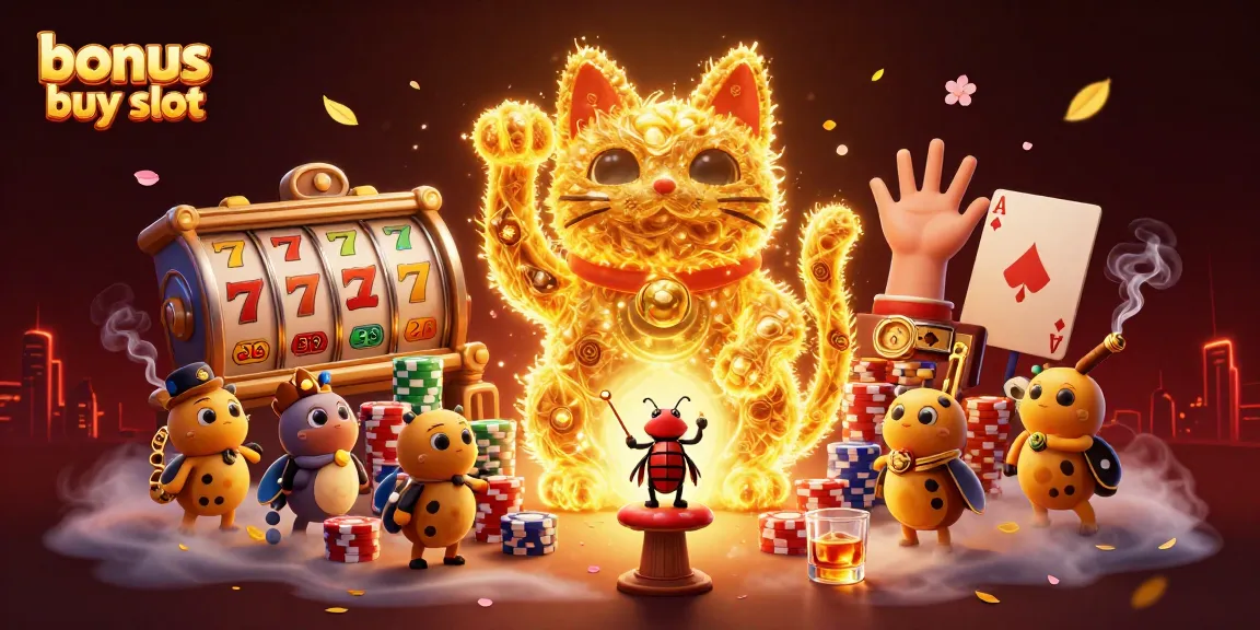 Play and win with bonus buy slot features surrounded by vibrant casino elements and dynamic characters.