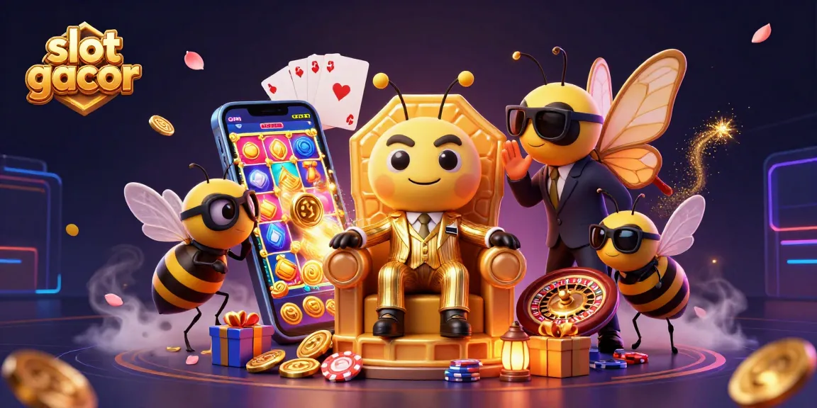Menghadirkan slot gacor, bos lebah kartun berbusana jas emas di throne ruangan sarang madu, dikelilingi elemen kasino.