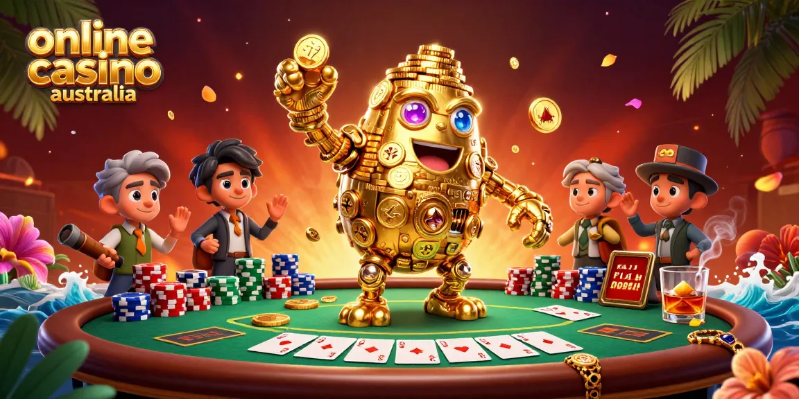 Engage with online casino Australia showcasing a golden golem amidst vibrant poker elements.